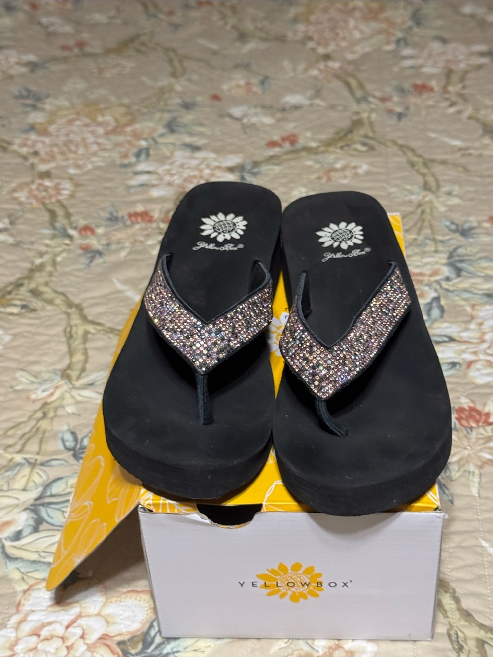 Yellow box rhinestone flip-flops. Size 8